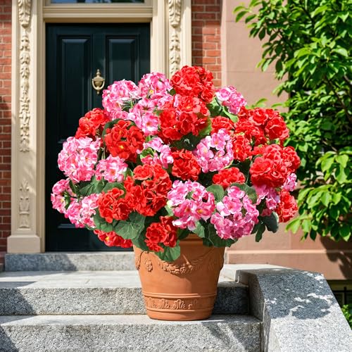 Fake Geraniums Artificial Flowers for Outdoors, 6 Bundles Silk Geraniums Flowers Realistic UV Resistant Fake Plants Faux Flowers for Outside Planters Front Door Garden Balcony Yard Porch Indoor, Mix - color: 3 Red, 3 Pink