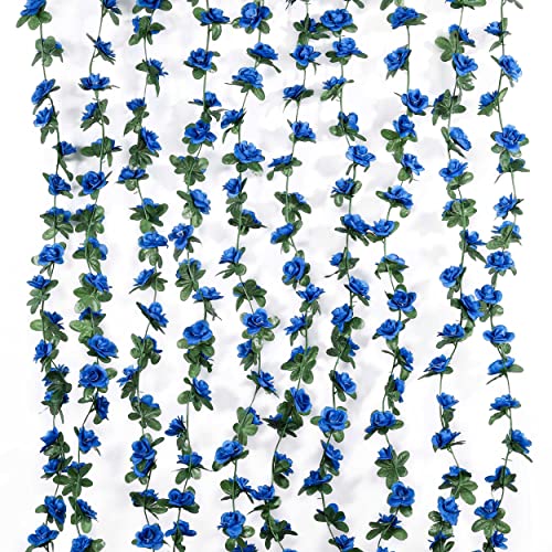 Miracliy 8Pcs 66FT Blue Flower Garland, Artificial Rose Floral Vines Fake Hanging Spring Flower Garland for Wall Backdrop Wedding Arch Tea Party Door Mantle Decoration - color: Sapphire-8pcs