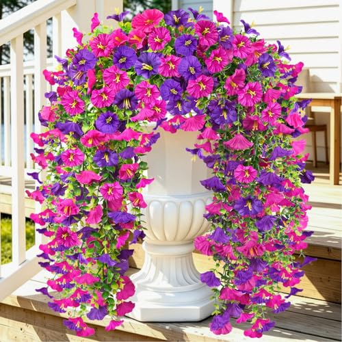 Artificial Hanging Flowers for Outdoor, 4Pcs UV Resistant Faux Morning Glory Flower Spring Summer Decroation, No Fade Fake Flower Trailing Vine for Porch Patio Balcony Yard Garden, Purple+Light Purple - color: Purple Lotus
