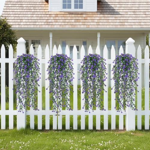 12 Pcs Artificial Hanging Flowers Faux Eucalyptus Vine Fake Hanging Plants Plastic UV Resistant Trailing Vines for Indoor Outdoor Wall Garden Front Porch Home Decor (Purple) - color: Purple-12pcs