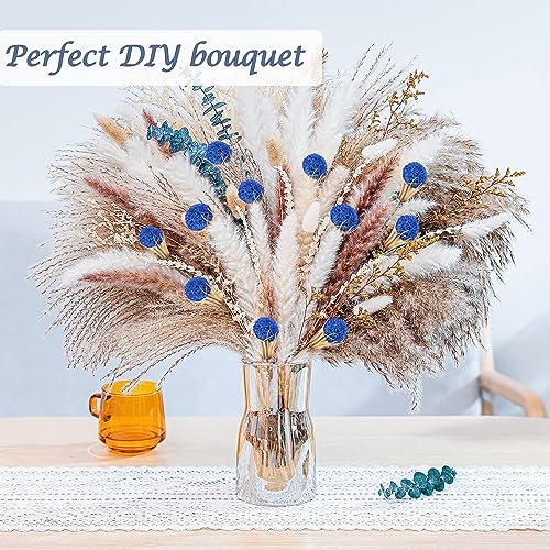40 Pcs Natural Blue Dried Thistle Flowers Bouquet, Bulk Dried Craspedia Billy Balls Button Plant, 17'' DIY Floral Arrangements for Home Boho Kitchen Table Wedding Vase Decor