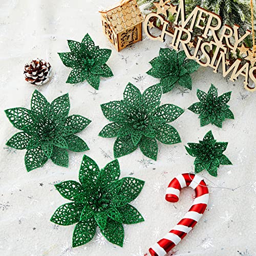 Wironlst 24 Pieces Glitter Poinsettia Flowers Christmas Tree Ornaments, Glitzy Poinsettia Bushes Christmas Decorations for Xmas/Holiday/Seasonal/Wedding (Green) - color: Green