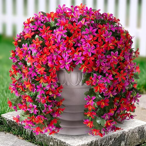 Ivydale Artificial Lily Flowers for Outdoors Fake Hanging Flower Vines for Outside Decoration, UV Resistant 2PCS Faux Plants for Patio Porch Balcony Garden Yard, Mixred - color: Fuchsia & Red