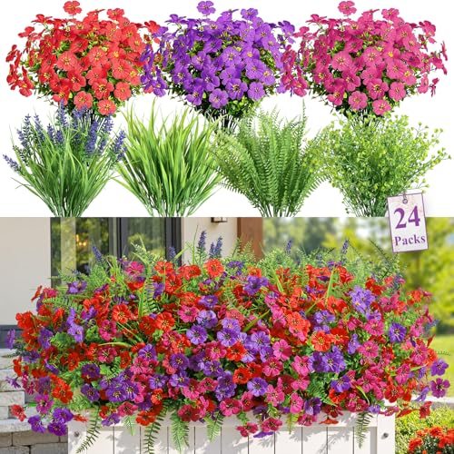 Alupssuc 24 Bundles Artificial Flowers for Outdoors Planters Spring Decoration, UV Resistant Faux Eucalyptus Violet and Lavender Silk Fake Plants for Outside Indoor Yard Home Patio Decor, Mix 3 Colors - color: Red Rose Purple