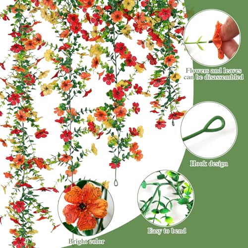 2 Pack Artificial Flowers Garland Ivy,Spring Summer Decor UV Resistant Fake Daisy Vines Floral Vine Silk Hanging Flower for Decor Home Garden Wedding Photo Booth Backdrop (Red Orange Yellow) - color: Red Orange Yellow, size: 2PCS