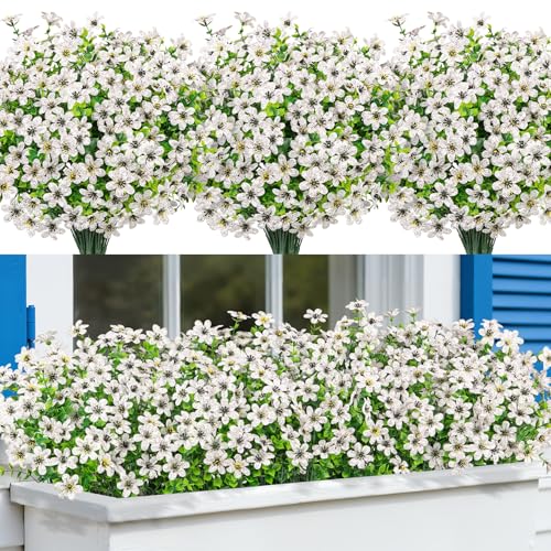 Bassion 20 Bundles Artificial Flowers for Outdoors Decorations, UV Resistant Faux Plants Fake Silk Flowers for Outside Daisy Hanging Planters Window Box Front Door Porch Patio Yard Home Decor - color: White