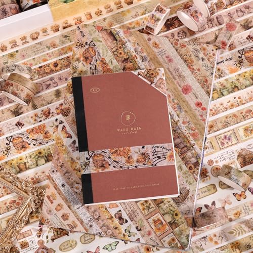 Natural Washi Tape Set, 42 Rolls - Floral, Butterfly, Bee, Botanical,Letter, Vintage Writable Scrapbooking Tapes for Journaling, Bullet Diaries, Card Making, Gift Wrapping, Aesthetic Craft Supplies - style: Nature