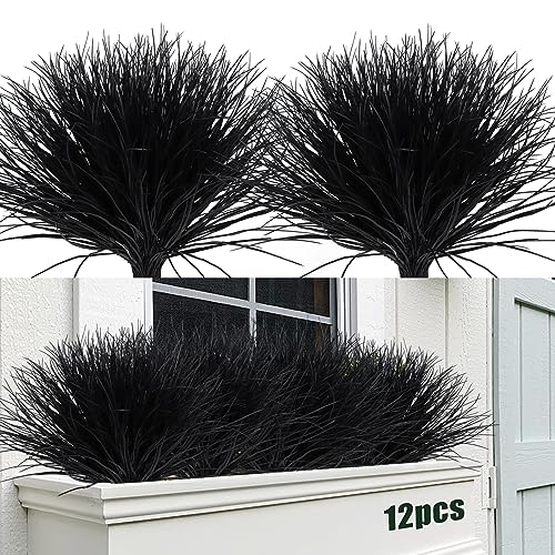 RECUTMS Fake Black Plants,Artificial Grass Fake Plants Outdoor Plants UV Resistant Greenery Stems Fake Grass Halloween Plants for Window Garden Patio Pathway Front Porch Halloween Décor 12Pcs(Black) - color: Black Grass