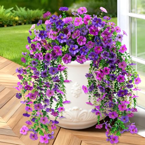BlessedSeason 2 Pcs Artificial Hanging Flowers, UV Resistant Fake Flowers with Flexible Stems, Full Bundle Faux Flowers for Outdoor Planters, Zero Maintenance for Patio, Garden, Balcony, Double Purple - color: Double Purple, size: 2 PCS