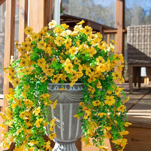 HyeFlora Artificial Hanging Flowers for Outdoors Decoration, 2pcs Fake Daisy with Eucalyptus Leaves for Garden Yard Porch (Yellow) - color: Yellow