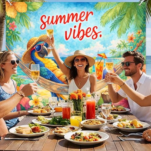 BlissYard Summer Vibes Backdrop 8x6ft Tropical Parrot Hammock Beach Party Background Cloth for Photography, Island Luau Hawaiian Banner Photo Booth Scene with Hibiscus Flowers Ocean Cocktail Decor - color: Tropical Parrot#1
