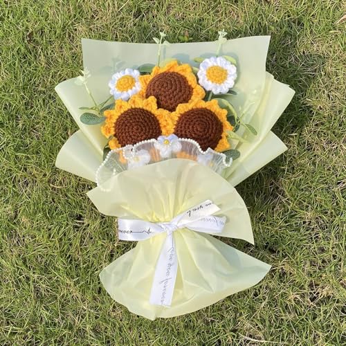 Completed Yellow Crochet Flowers Bouquet, Handmade Knitted Bouquet, Crochet Artificial Flowers of Sunflowers + Daisy for Mother's Day Birthday, Wedding Home Decor, Gifts for Mom (Sunflowers) - style: Sunflower