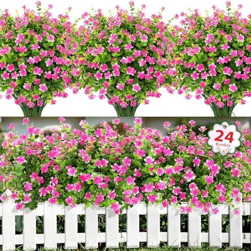 Ouddy Decor 24 Bundles Artificial Flowers for Outdoors Decoration Fake Flowers UV Resistant Faux Plastic Greenery Eucalyptus Plants for Spring Summer Garden Patio Indoor Outdoor Home Decor, Pink - color: Pink