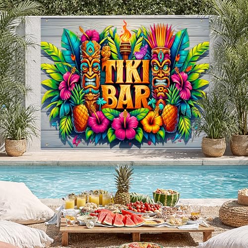 BlissYard Tiki Bar Tropical Party Backdrop 8x6ft Luau Hawaiian Island Mask Design Photo Booth Background for Summer Birthday Beach Pool Party BBQ Event Indoor Outdoor Wall Decoration - color: Summer Beach#02