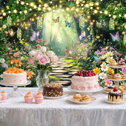5X3ft Enchanted Forest Backdrop Butterfly Fairy Tale Wonderland Garden Photography Background Wedding Birthday Baby Shower Party Cake Table Decoration Photo Booth Props Wall Decor Banner - color: Multi5, size: 5X3FT