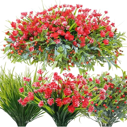 36 Pcs Artificial Flowers for Outdoor, UV Resistant Outdoor Fake Plants Faux Plastic Flowers Shrubs for Outside Garden Patio Porch Window Box Spring Summer Decor (Mixed Red) - color: Red