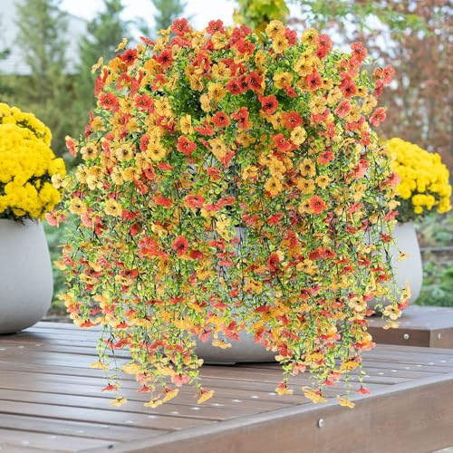 Suncalla 4 Pcs 30In Artificial Hanging Flowers for Outdoor Planter 156 Branches Trailing Faux Potted Plant Fake Floral UV & Fading Resistant for Wedding Patio Spring Summer Decor(Yellow,Orange) - color: Yellow,orange