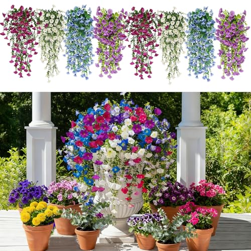 8 Pcs Artificial Hanging Flowers for Outdoors Fake Morning Glory for Home Decoration UV Resistant Mixed Color Greenery and Flowers for Porches Gardens Yard Decor (Cold Color) - color: Cold Color
