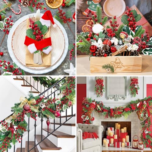 Pinecones Red Berry Picks Stems Christmas Floral Picks and Sprays 12 Pcs Christmas Holly Artificial Pine Pick Artificial Faux Pine Berry Holly Stems Berry Branches for Crafts Wreath Garland Tree Decor - color: Red and Green