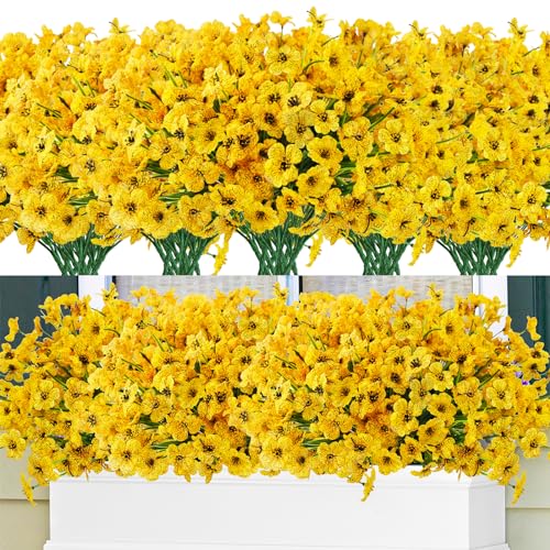 Krissing 48 Bundles Outdoor Artificial Flowers UV Resistant Fake Silk Flowers Faux Plastic Plants Outside Garden Porch Window Box Summer Decoration (Yellow) - color: Yellow