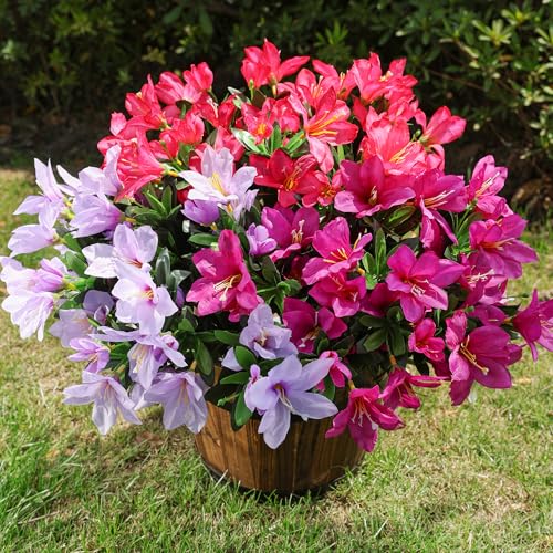 INSPRING Artificial Flowers for Outdoors Outside, 3 Bundles Fake Silk Azalea Flower Realistic UV Resistant Spring Flowers for Decoration Faux Plants for Outdoor Planters Porch Patio Garden Home, Mix - color: Hot Pink+purple Red+light Purple