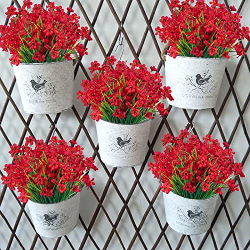 Lnoicy 24 Pcs Artificial Flowers for Outdoor,Plastic Flowers Decoration, UV Resistant Faux Flowers Shrubs, Artificial Plants for Indoor Outside Garden Home Wedding Farmhouse(Red) - color: Red, size: 24