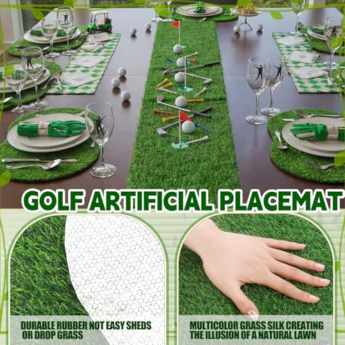 Gilprop 7 Pcs Golf Artificial Grass Placemats Table Runner Set Golf Artificial Mat Green Fake Grass Table Runner Centerpiece Placemat Sport Theme Party Decoration for Wedding Baby Shower Golfs Lover