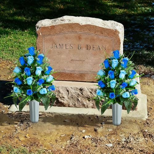 Artificial Cemetery Flowers - Set of 2 Grave Memorial Rose Flowers with Vase for Cemetery Headstones Gravesites Decoration (Dark Blue & Light Blue) - color: Dark Blue & Light Blue