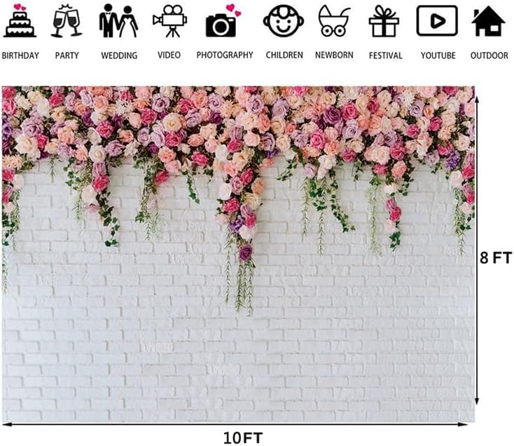 10x8ft White Brick Wall Flowers Background Spring Theme Photography Backdrop for Mother's Day Valentine Wedding Bridal Baby Shower Birthday Party Decor Banner Portrait Photo Booth Prop 134…… - size: 10x8ft