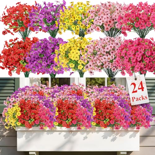Alupssuc 24 Bundles Artificial Flowers for Outdoors Decoration, UV Resistant Silk Faux Daisy Flora Spring Fake Plastic Plants Greenery for Outside Indoor Yard Home Porch Window Box Decor, Mix 5 Colors - color: Red Rose Purple Yellow Pink