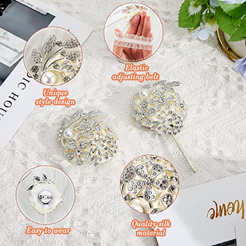 Yunsailing 2 Pcs Rhinestone Wrist Corsage and Boutonniere Set - Artificial Flower Corsage Wristlet for Wedding Prom Homecoming Bridesmaid Bridal Shower Anniversary Formal Event(Silver Ivory,Pearl) - color: Silver Ivory, style: Pearl
