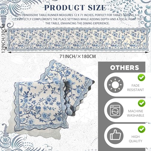 HunnmingRe 71x12 Inch Chinoiserie Table Runner Blue and White Floral Table Runner Vintage Chinoiserie Decor Summer Outdoor Tablecloth Decorative Dinner Tablecloth for Home Dining Kitchen Party Decor - color: Blue
