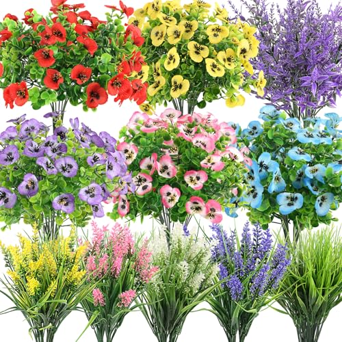 24 Bundles Artificial Flowers for Outdoor Decor - UV Resistant Fake Flowers with Eucalyptus & Lavender Greenery Plants for Indoor Garden Patio Porch Window Box Home Wedding Outside Hanging Decor - color: Spring a
