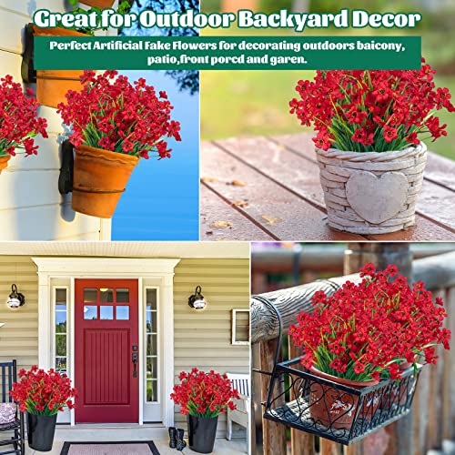 Lnoicy 12 Pcs Artificial Flowers for Outdoor,Plastic Flowers Decoration, UV Resistant Faux Flowers Shrubs, Artificial Plants for Indoor Outside Garden Home Wedding Farmhouse（Red） - color: Red, size: 12