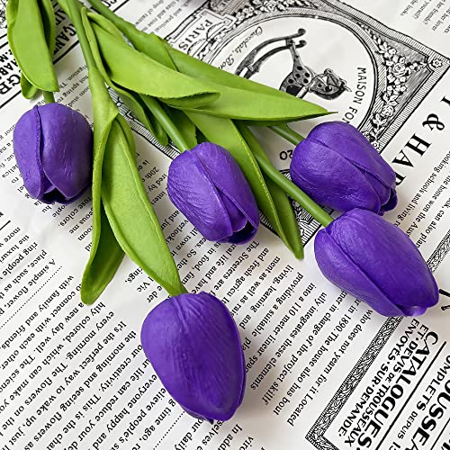 UKELER 24 Pcs Artificial Tulip Flowers Purple Fake Tulips with Stems Real Touch PU Tulips for Wreath Wedding Bouquets Table Centerpiece Floral Arrangement Home Decoration - color: Dark Purple