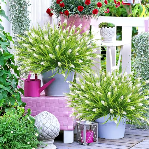 obbsie 36 Bundles Artificial Plants Outdoor, 18.2" UV Resistant Faux Monkey Grass Greenery Stems No Fade Faux Plastic Flowers Shrubs for Home Weddings Garden Porch Front Patio Office Decor- White - color: White, size: 36 Pcs
