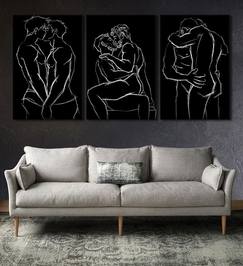 Gay Art Wall Decor 3 Panels Abstract Wall Art Black and White Line Art Men Gay Body Posters Prints on Canvas Decor Bedroom Bathroom Home Decoration Framed Ready to Hang - 24"W x 36"H x 3pcs - color: Art02, size: 24x36x3pcs