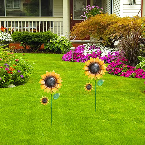 YEAHOME Garden Decor for Outside, 2 Pack 22.4“ Sunflower Garden Stakes Spring Decor, Metal Flowers with Shaking Head Yard Art for Outdoor Yard Lawn Patio Decoration - color: Yellow