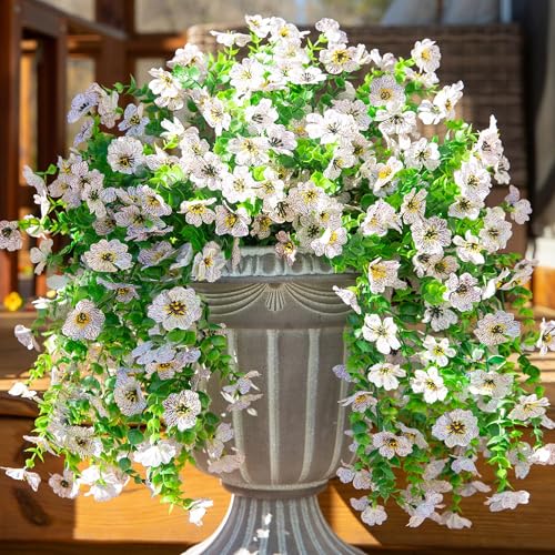 HyeFlora Artificial Flowers for Outdoors Fake Hanging Decoration, 2Pcs White Spring Summer Decor, Realistic Plants, UV & Fading Resistant Silk Flower for Porch Patio Balcony Planter Yard Home Garden - color: White