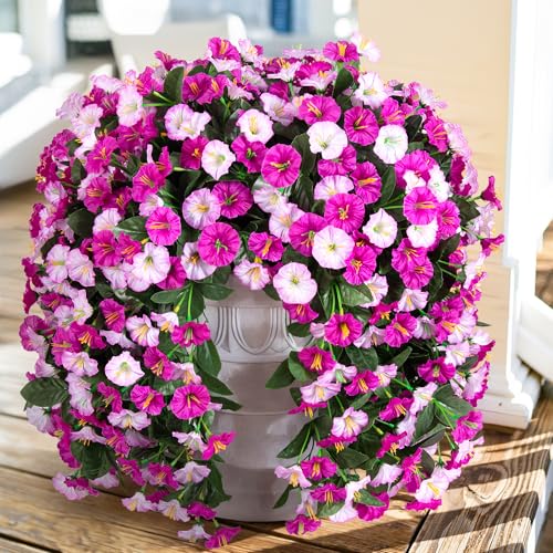 Fake Flowers for Outdoor Decorations, 2 PCS Artificial Silk Morning Glory Trailing Vines Look Real UV Resistant for Porch Planter Patio Decor (Light Fuchsia and Fuchsia) - color: Light Fuchsia and Fuchsia