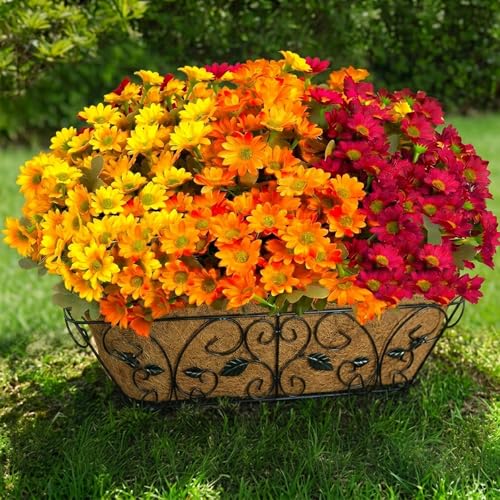 12 Bundles Artificial Daisies Flowers Outdoor Fake Plants Fake Foliage Greenery Faux Plants for Graves Hanging Outside Planter Window Box Wedding Decoration - color: Yellow , Orange, Rose Red