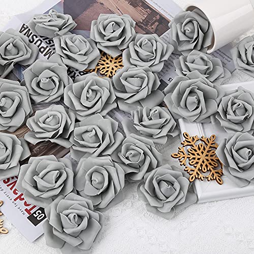 IPOPU Artificial Rose Flower Heads, 100 Pcs Real Looking Silver Gray Foam Fake Roses for DIY Wedding Baby Shower Centerpieces Arrangements Party Tables Home Decorations (Silver Gray, Stemless) - color: 100pcs Silver Gray