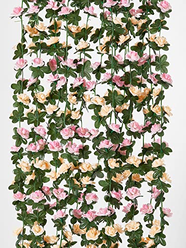 PARTY JOY 8pcs 65.6Ft Flower Garland, Fake Rose Vine Artificial Flowers Hanging Rose Ivy Garland for Room Wall Decor Hanging Baskets Wedding Arch Garden Background Decor - color: 8pc-pink-gold Champagne, size: 8PC