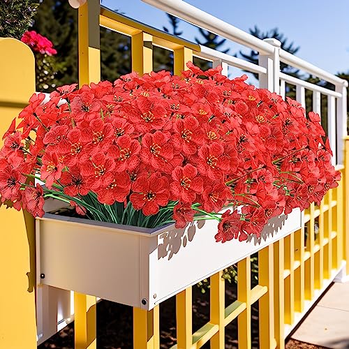 Kinisty 20 Bundles Outdoor Artificial Flowers UV Resistant with Red Faux Silk Flowers and No Fade Fake Plastic Plants for Spring Summer Outside Planters Porch Window Box Garden Decor - color: Red
