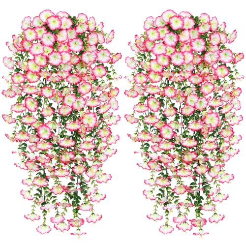 TOCHGREEN Artificial Fake Hanging Flowers Plants for Outdoor Decoration 2PCS Faux Silk Morning Glory Flowers UV Resistant Hanging Plants for Home Porch Patio Garden Planter Decor (Pink, 2PCS) - color: Pink, size: 2PCS