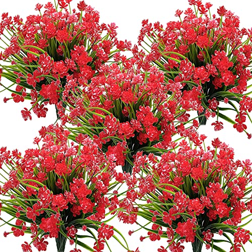 Grunyia Artificial Flowers Outdoor UV Resistant Fake Plants Indoor Outside Hanging Planter Home Garden Decor, 10 Bundles (Red) - color: Red