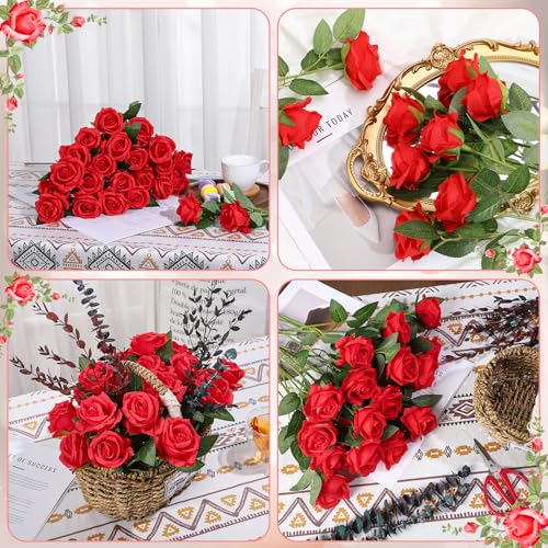 24 Pcs Red Rose Artificial Flowers with Long Stem Real Touch Silk Plastic Bouquet Red Roses Bulk for Wedding Party Table Centerpieces Festival Decorations - color: Red