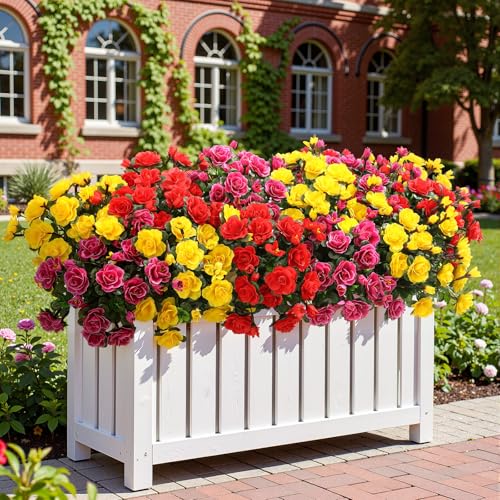 Alupssuc 8 Large Bundles Artificial Flowers for Outdoors Spring Decoration, UV Resistant Faux Flowers Silk Camellia Realistic Fake Flowers for Yard Planter Porch Balcony Garden, RedFuchsiaYellow - color: Red Rose Yellow