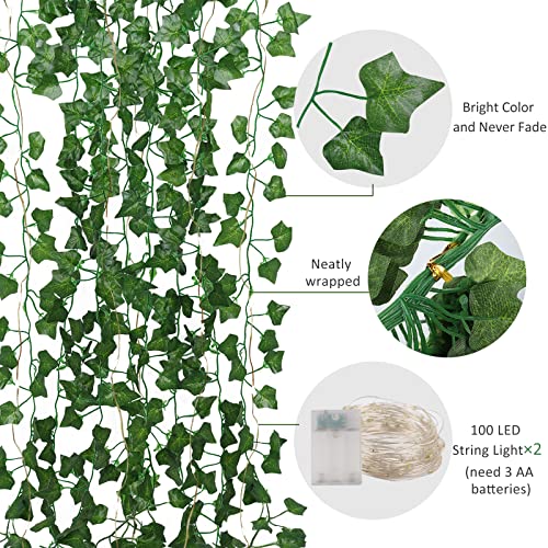 RECUTMS Ivy Fake Vines 24 Pack 173 FT Artificial Vine with 200 LED String Light Leaves Wall Decor Leaf Plants Greenery Garland Hanging Plant for Aesthetic Room Garden Office Wedding Decorations - color: Green-24 Light
