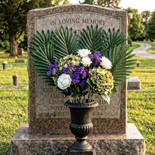 Lebaley 48 PCS Artificial Palm Leaves Cemetery Flowers - Faux Palm Fronds with Stems,Fake Greenery Stems Grave Decor,Palm Fronds for Cemetery Saddles,Memorial Day,Veterans Day,Independence Day - size: 48pcs